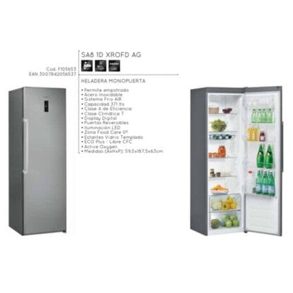 Heladera Ariston Monopuerta 371 Lts Inoxidable (SA81DXROFDAG) - Imagen 2